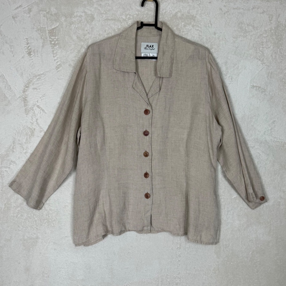 FLAX Jeanne Engelhart Beige 100% Linen Button Down Shirt Womens Medium Oatmeal